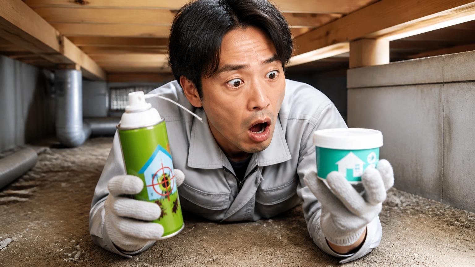 同じみはり番でも効果が続く時間は違う|住宅の床下でスプレー缶とゲル容器を見比べる男性1人が驚く