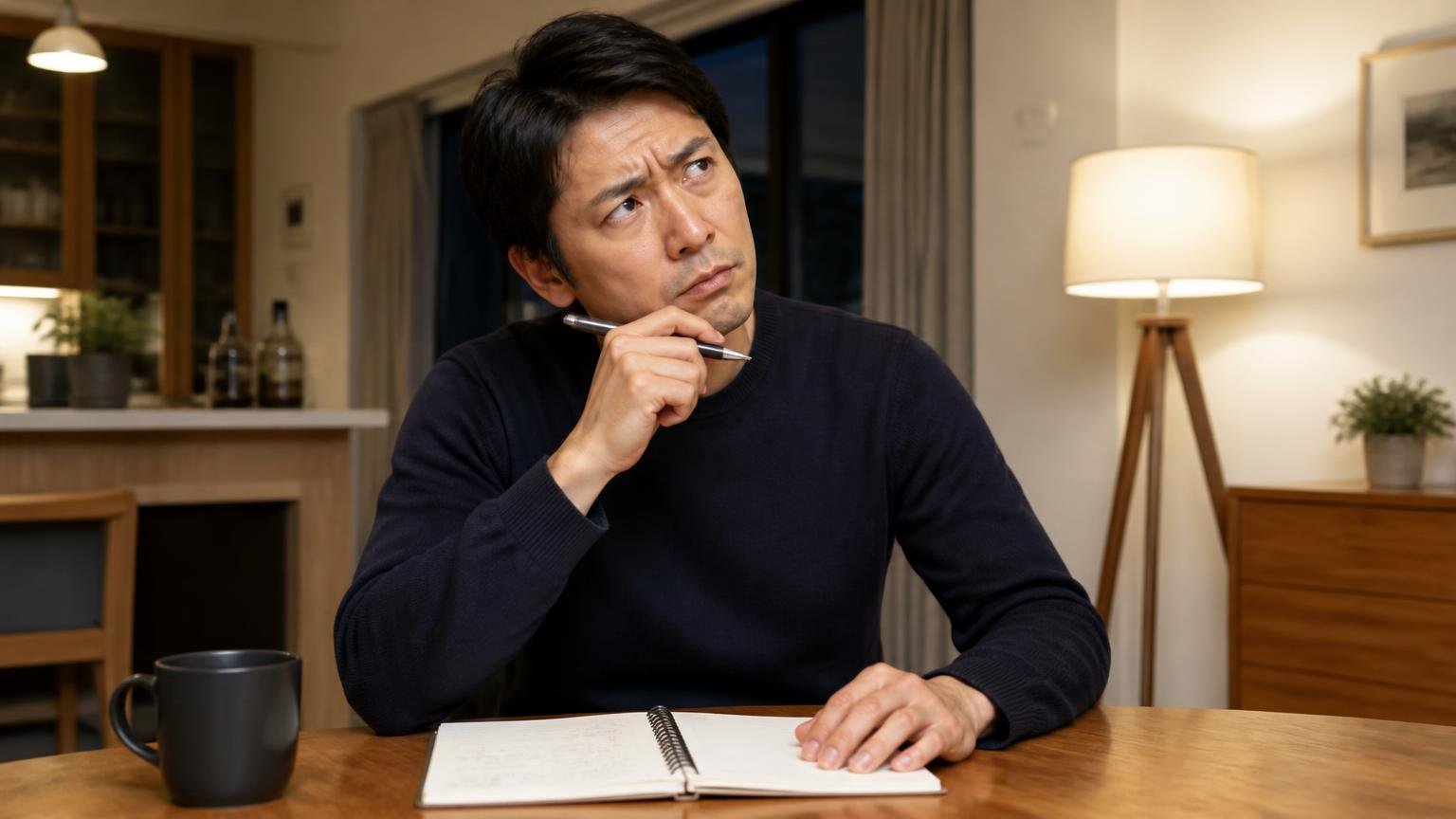 悪評がない=評判が良いではない|夜のダイニングでノートに書き出しながら首をかしげる40代男性1人