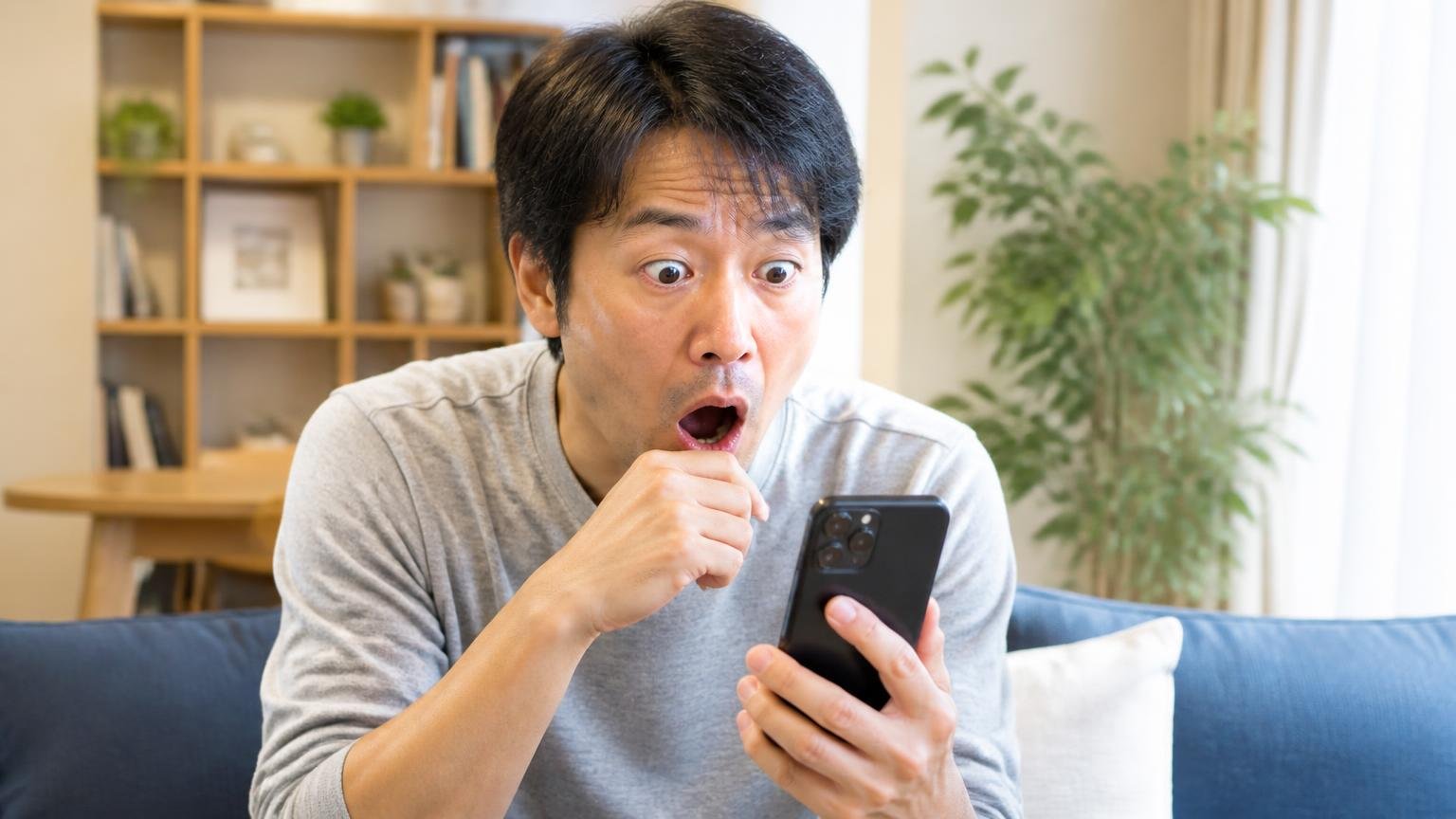 販売店ごとの価格を比較する場面 リビングでスマホを見比べる 40代男性が値段に驚く表情