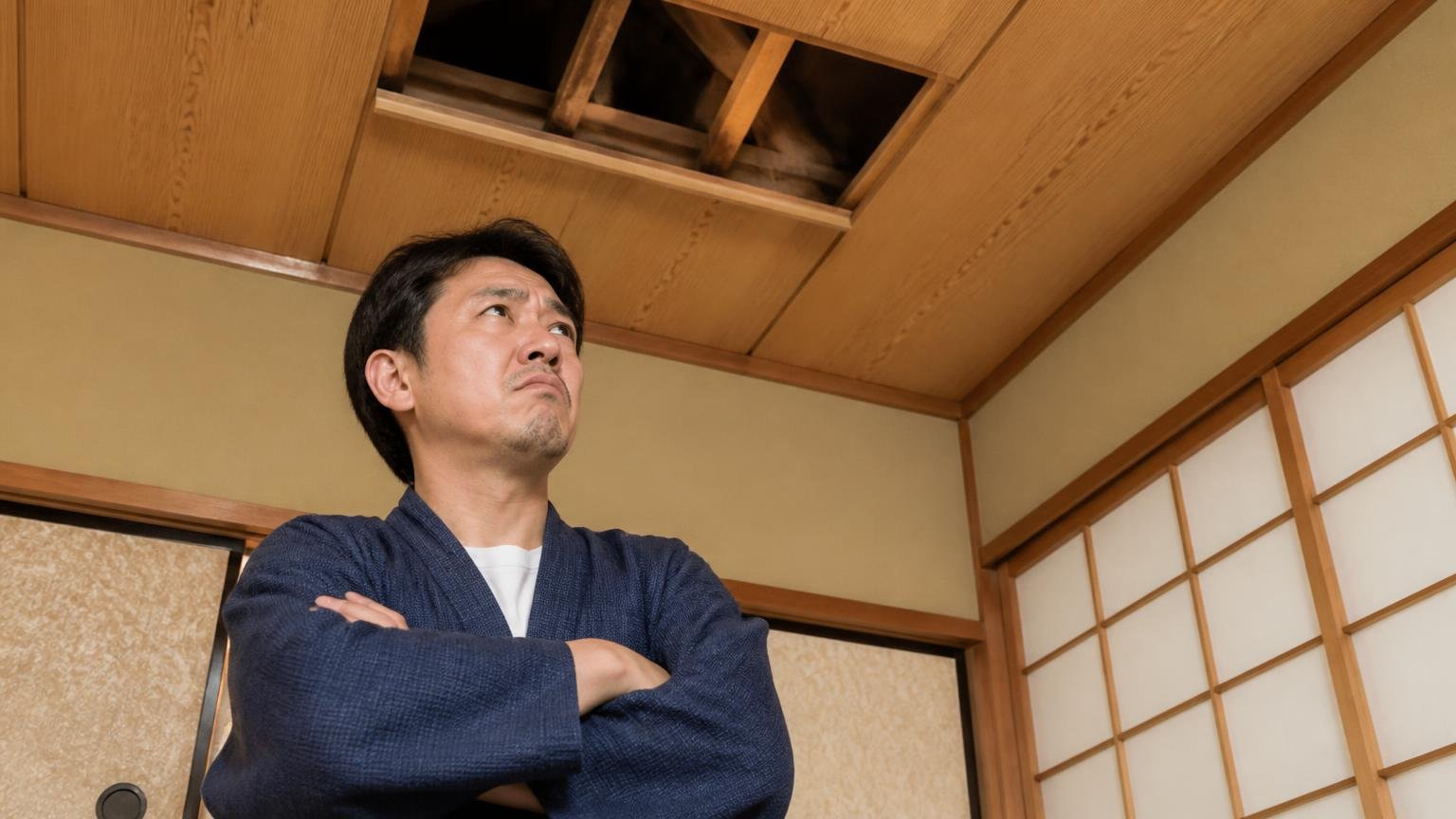 居室から追い出しても天井裏に逃げ込むだけという構造 木造戸建ての和室で天井を見上げる40代男性1人 腕を組んで険しい表情