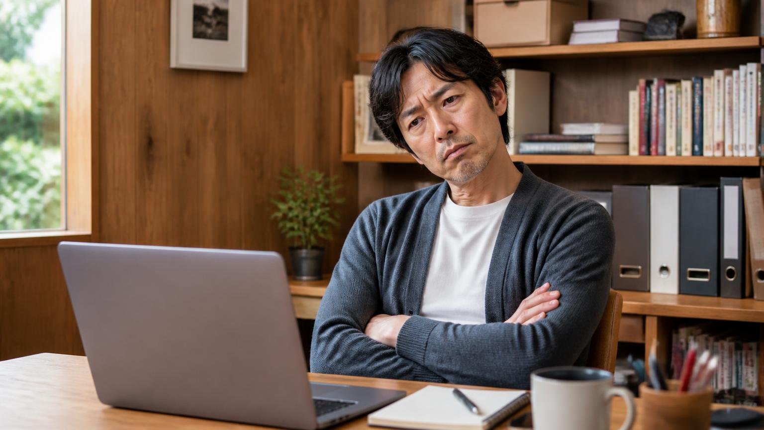 悪い評判が見つからない意味。木造戸建ての書斎の机でノートパソコンを見る40代男性1人が、腕を組んで首をかしげ困惑した表情