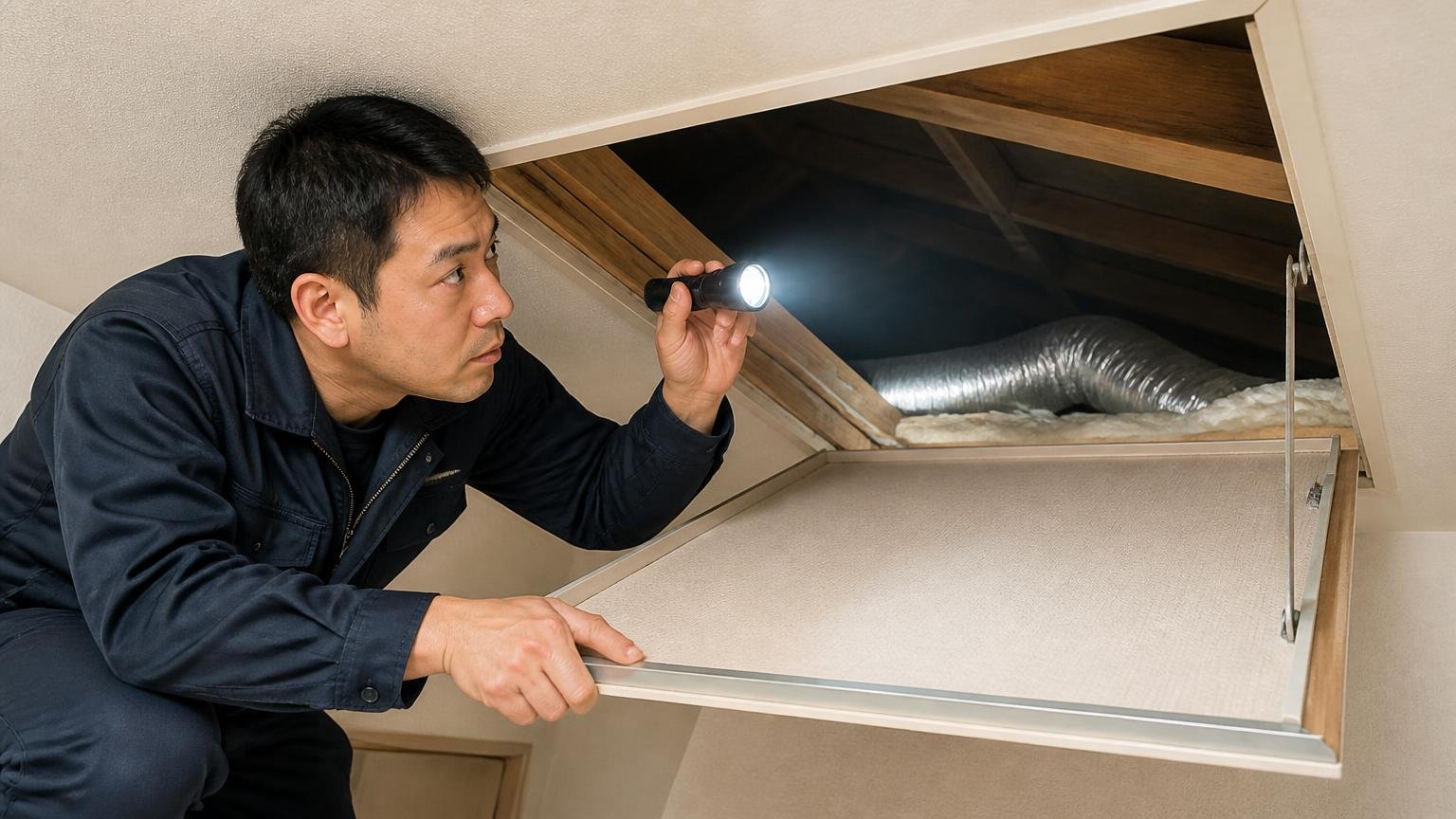 メーカーが公表しているスペックを並べる・木造戸建ての天井裏の点検口前・作業する人1人・懐中電灯で奥を照らして確認する