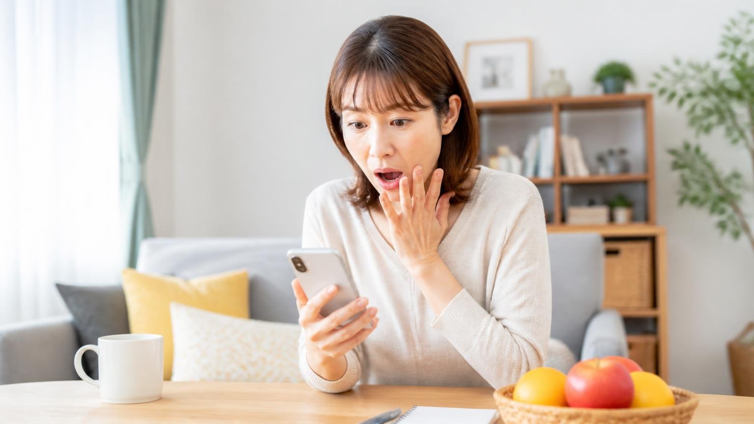 販売店ごとの価格を見比べる場面 リビングのテーブルでスマホを見る 30代女性が価格差に驚く表情