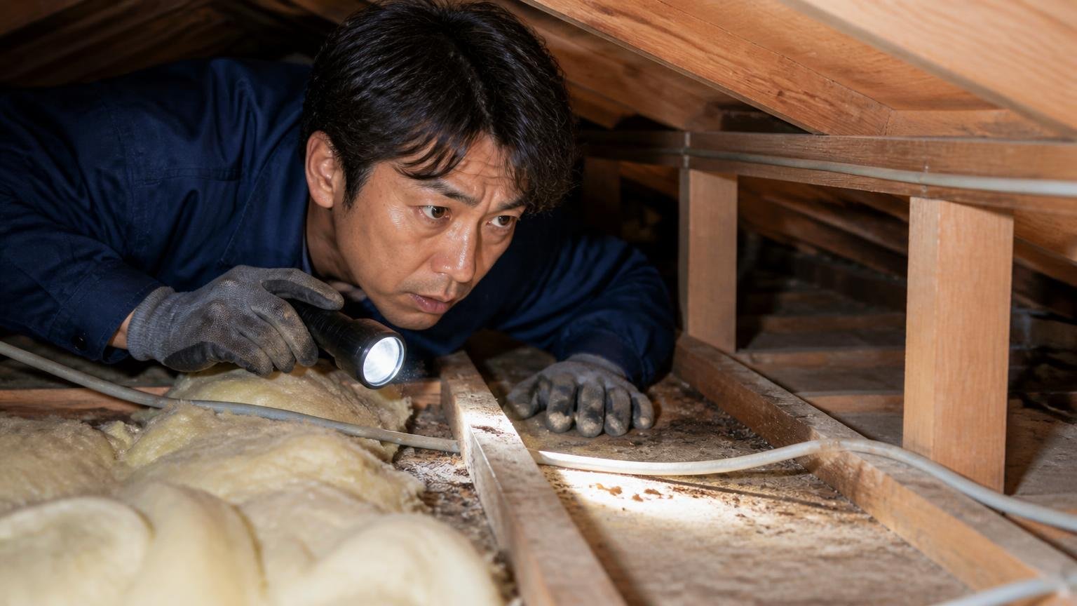勝負は食べさせられるかの一点。木造戸建ての天井裏で懐中電灯を持つ男性がネズミの通り道を確認している