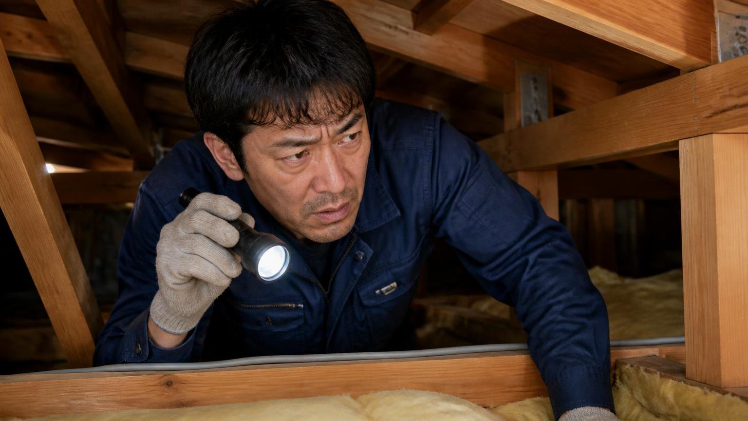 効果なしの口コミに共通する点。木造戸建ての天井裏を男性1人が懐中電灯で照らし険しい顔