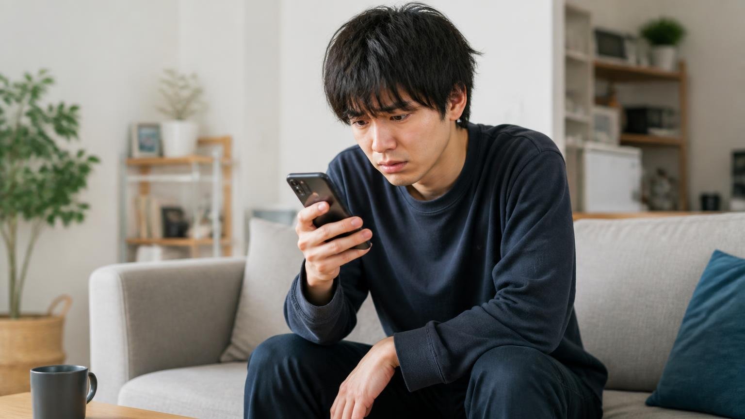 ネットの答えも驚くほど一致している。リビングのソファでスマホの検索結果を見る20代男性が肩を落とす