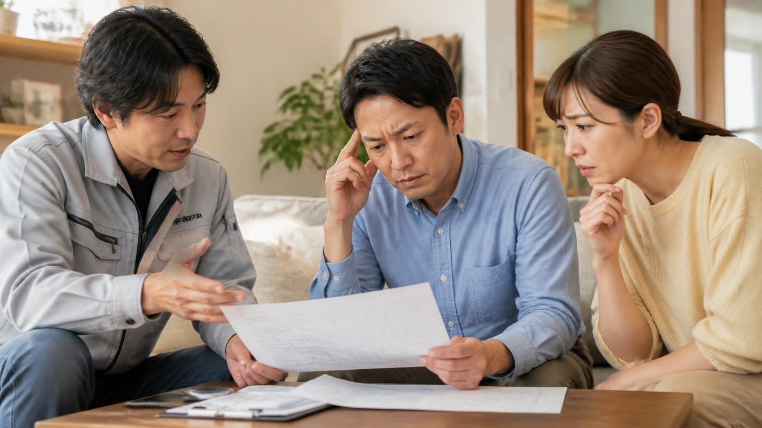 悪い評判は3種類しかなかった リビングで作業員と打ち合わせ 住人2名 見積書を前に困惑した表情