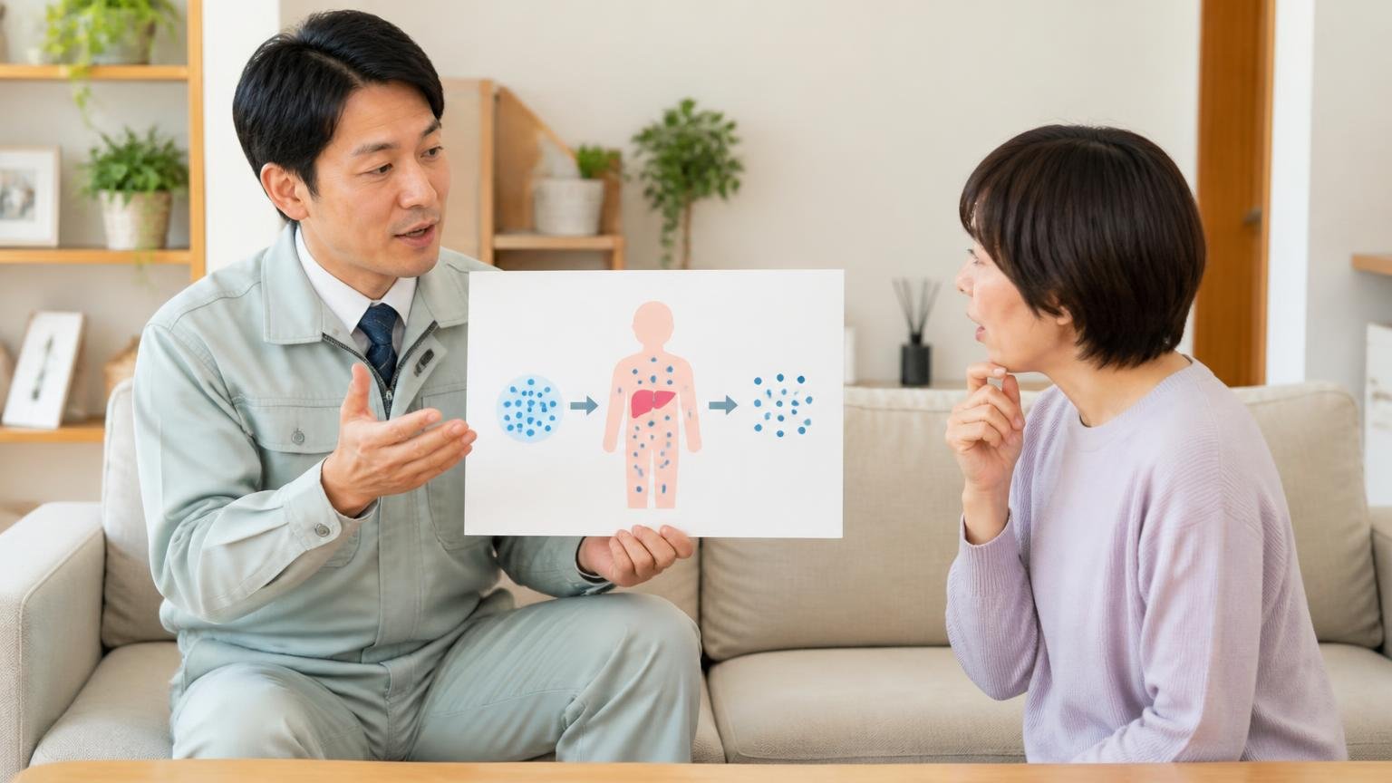ピレスロイドは哺乳類の体の中では速やかに分解される|住宅のリビングで薬剤の仕組みを説明する場面|作業着の男性1人と住人女性1人|身振りを交えて説明
