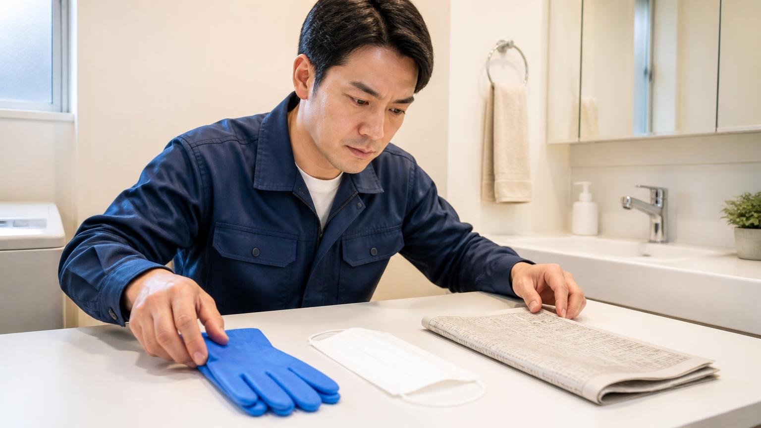 準備するものは4つだけ、住宅の洗面所、手袋とマスクと新聞紙を並べる男性1人、確認する真剣な表情