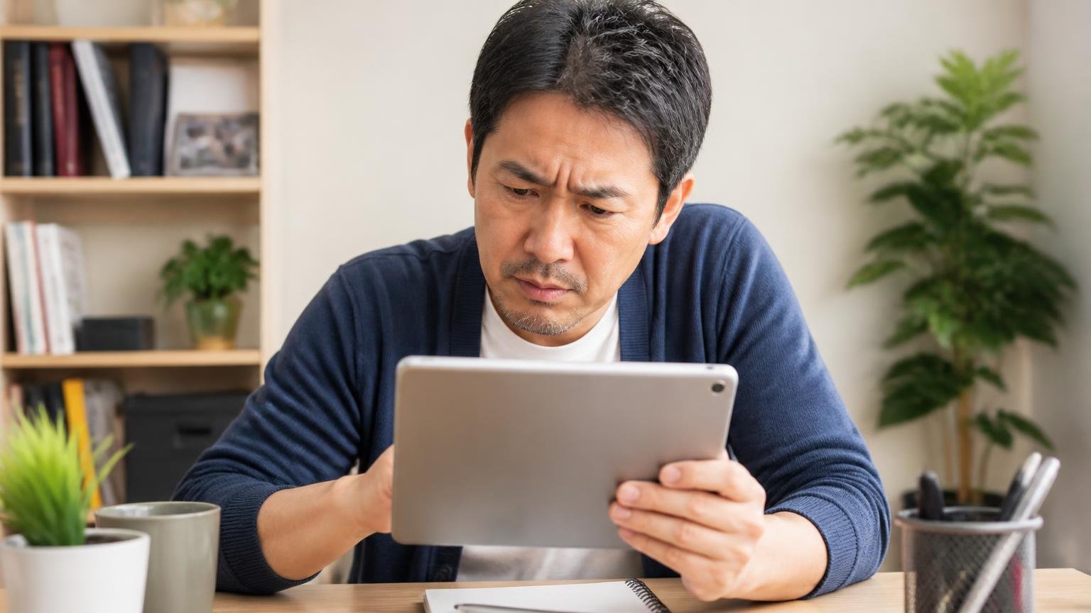 レビュー2634件の星の内訳 自宅の机で40代男性がタブレットを凝視し眉をひそめる