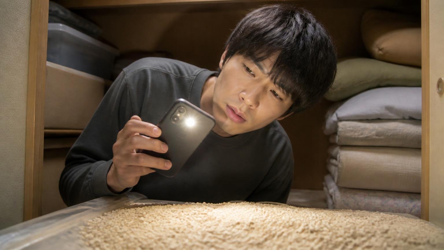 固さが中くらいで分からないとき 住宅の押し入れの奥 若い男性1人 スマホのライトで粒を照らし首をかしげる