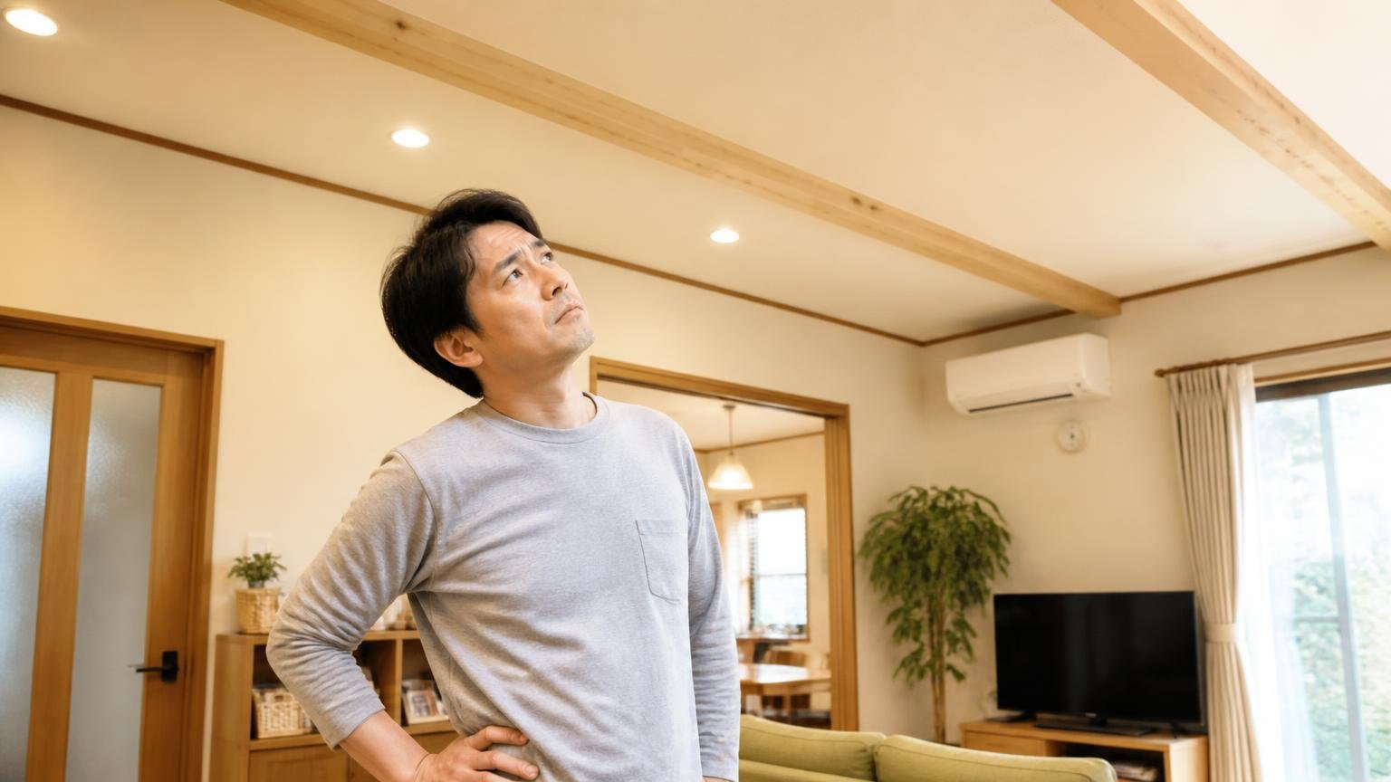 動物とは限らない可能性。木造戸建てのリビングで天井と壁を見比べる40代男性1人が首をかしげる