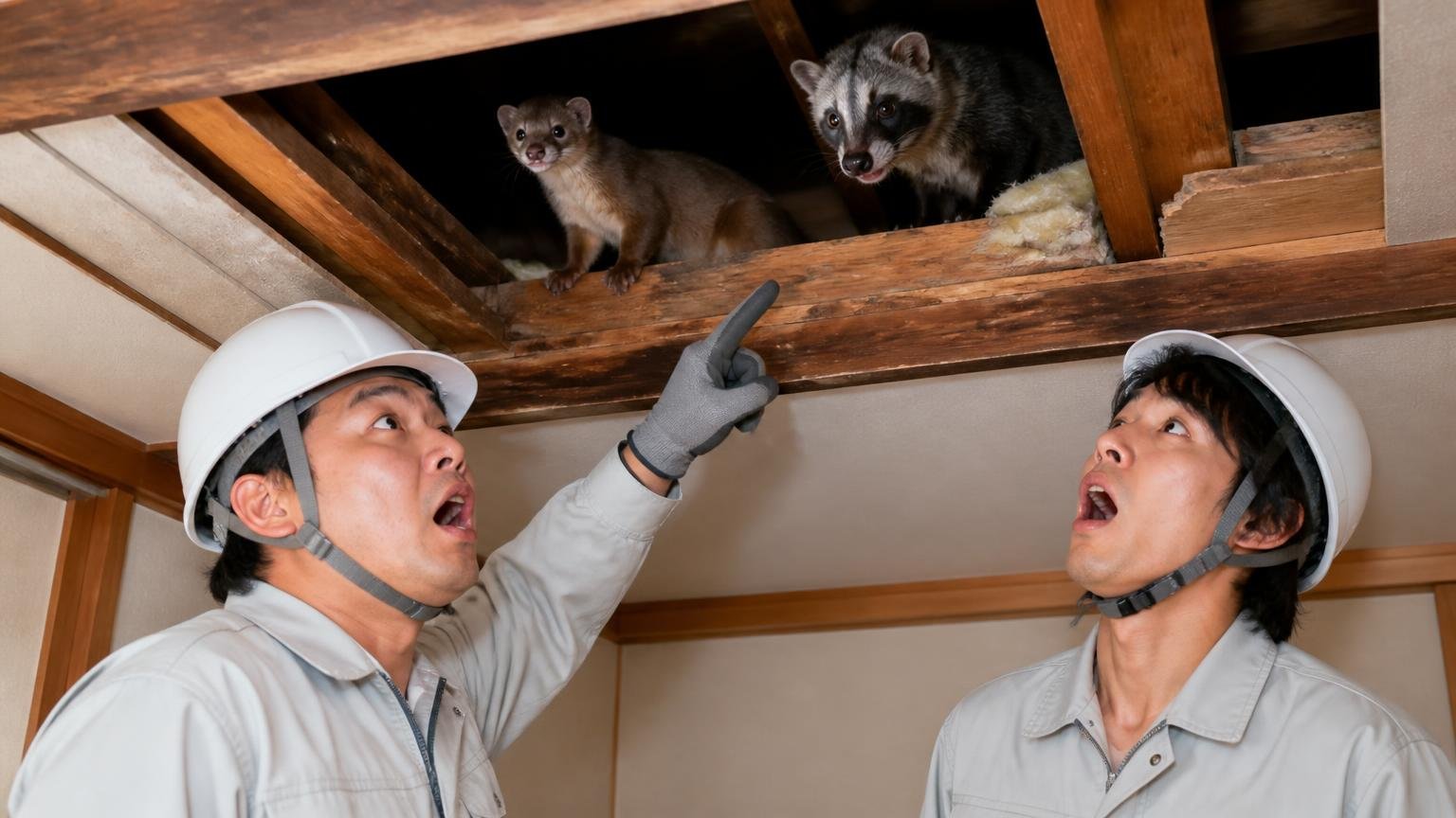 候補②イタチやハクビシンなどの野生動物。木造戸建ての屋根裏を作業員2人が見上げ驚く