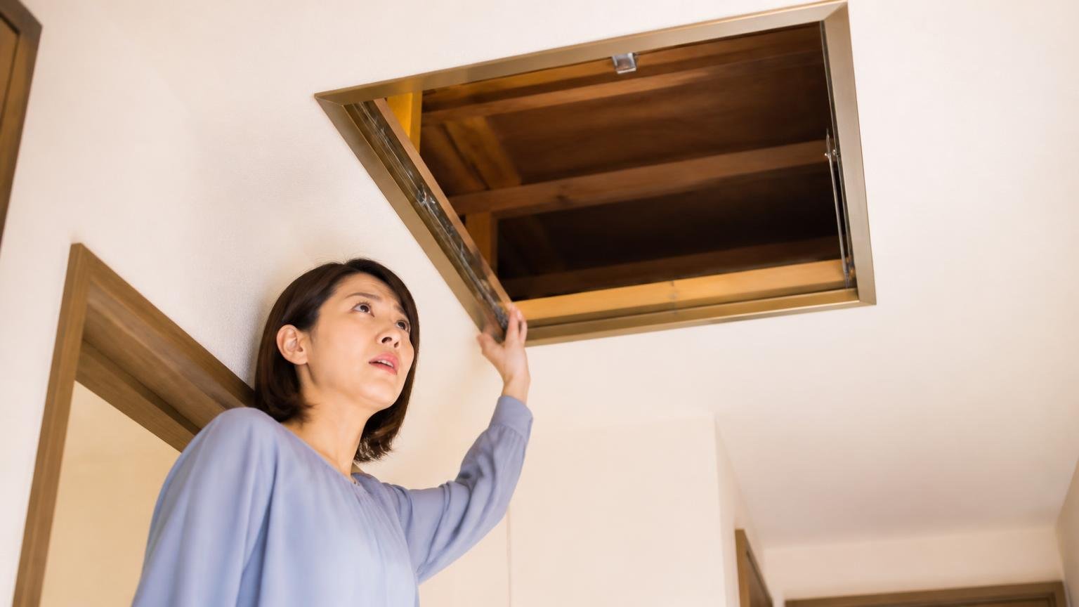 本当にまとまっている場所が人の入らない所にある|木造戸建ての天井裏の点検口を下から見上げる女性1人