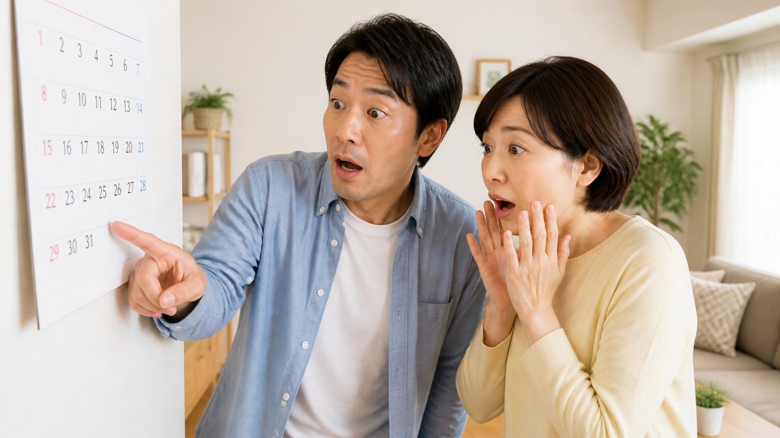 効き方の違い。戸建てのリビングでカレンダーの日数を指し驚く男性と女性の2人