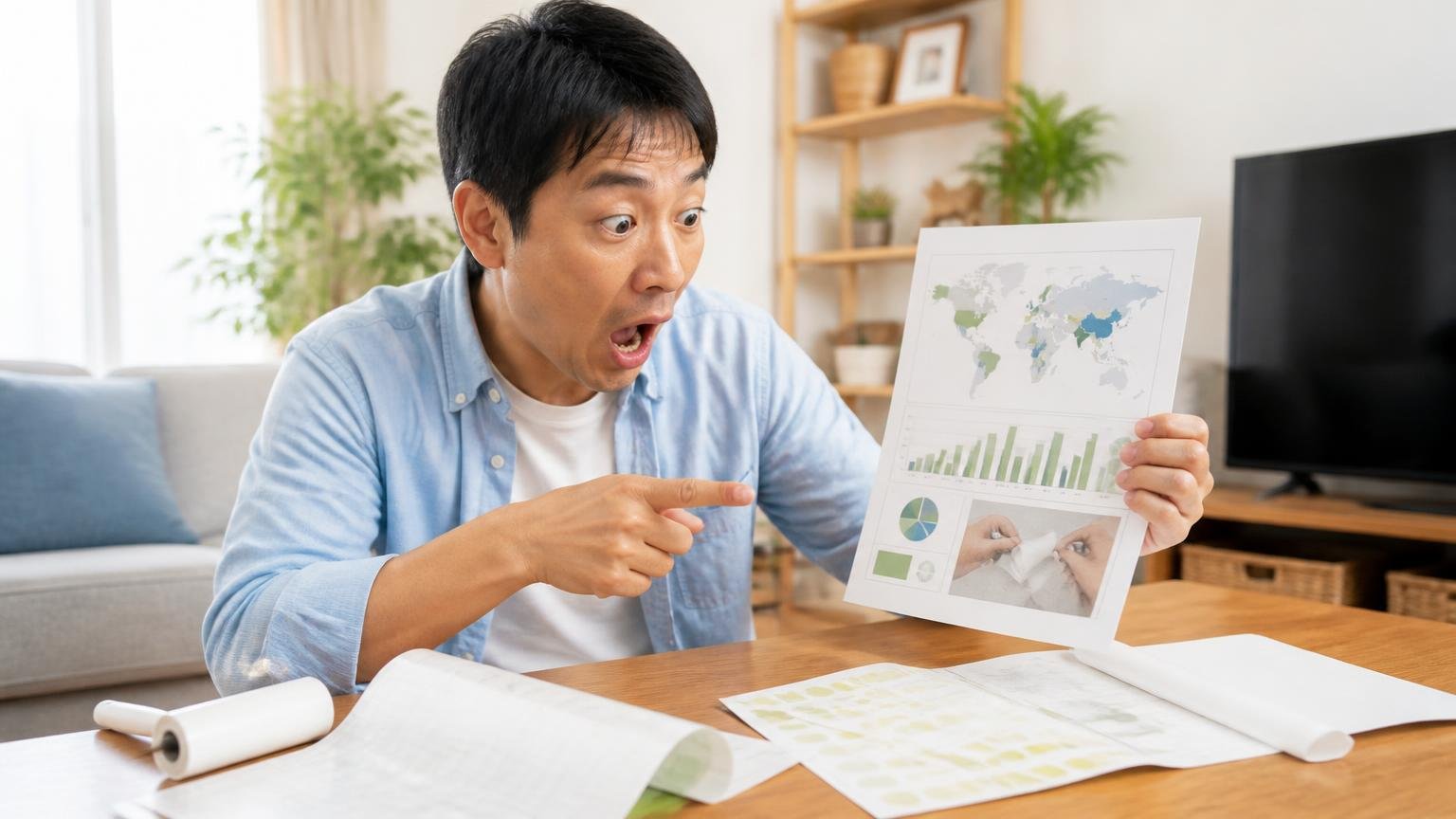 粘着シートは世界でも見直しが進む道具。住宅のリビングで40代男性が資料を指さし驚く