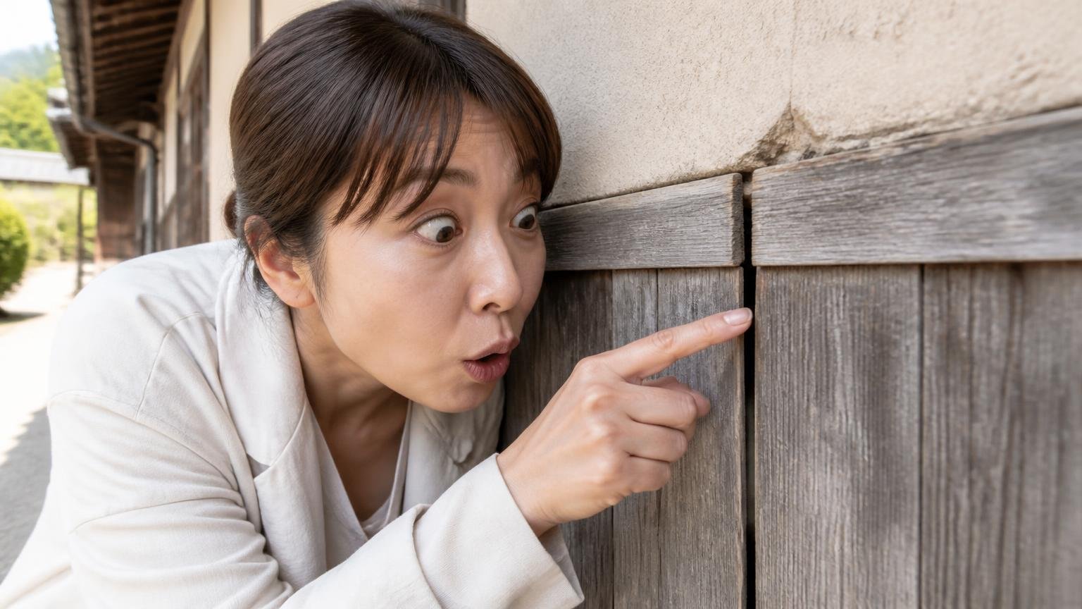 「1cmのすき間」が意味すること。古民家の外壁まわりで女性1人が指を当てすき間の細さに目を見開く