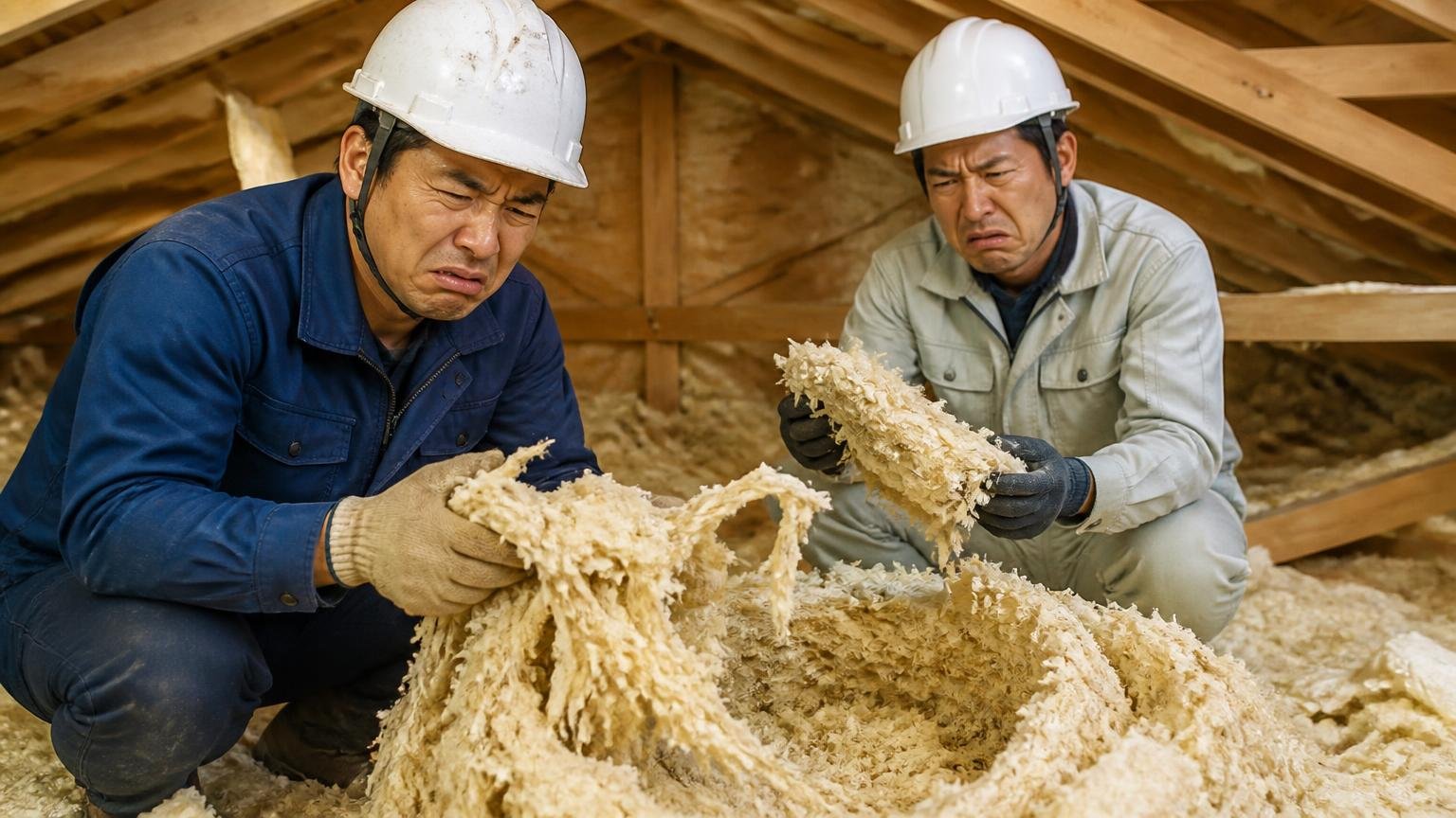 引きちぎって巣の形に加工できる 住宅の屋根裏 作業員2人がちぎれた断熱材を見て顔をしかめる