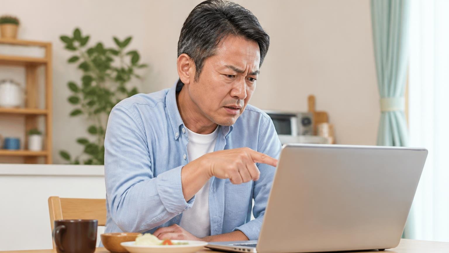 検索結果に社員の口コミが混ざるから。自宅の食卓でパソコン画面を指さし眉をひそめる40代男性1人