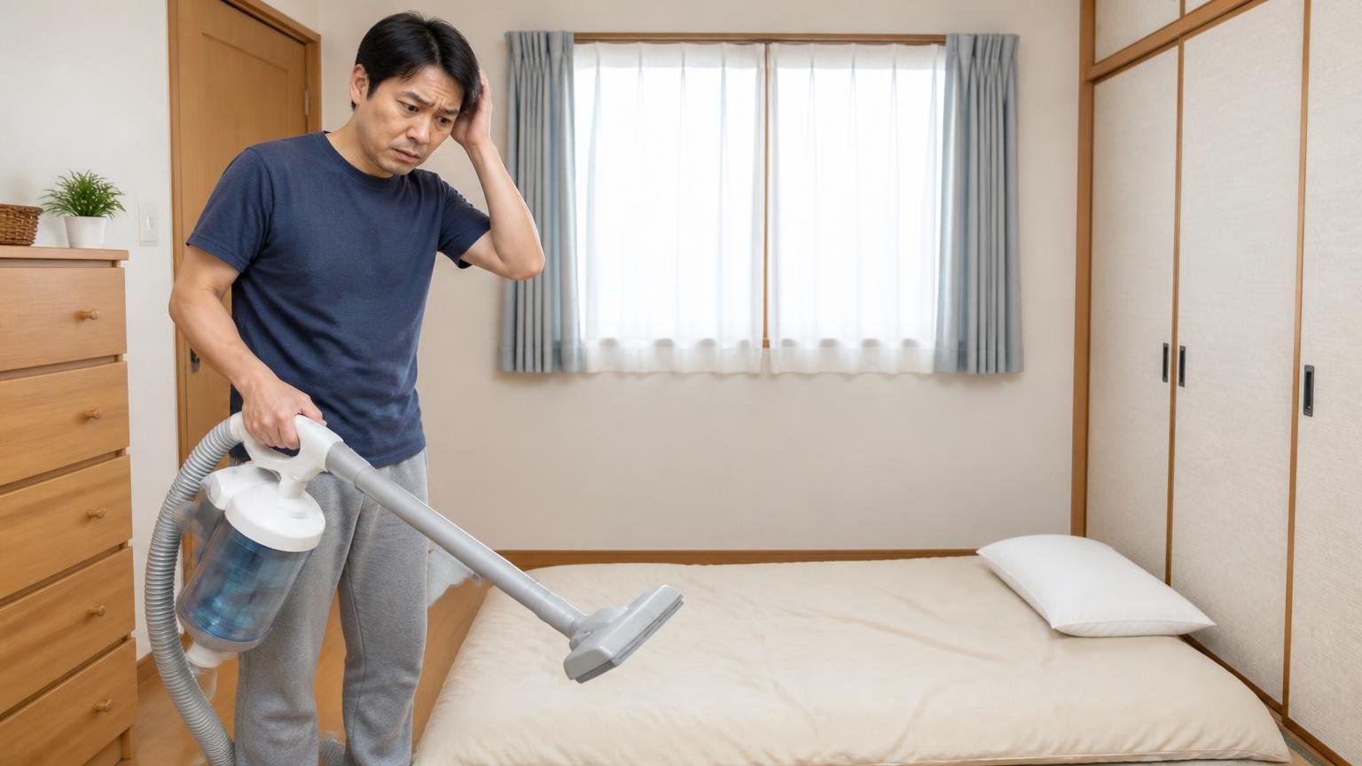 掃除機とほうきを使ってはいけない理由。木造戸建ての寝室で敷布団のそばに立つ男性1人が掃除機を手に困惑した表情