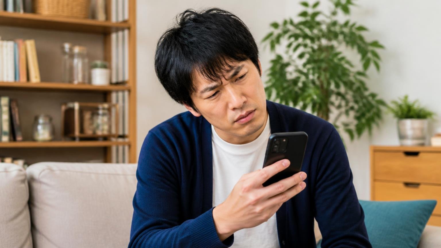 口コミが古いという事実をどう受け止めるか リビングでスマホを見る住人1名 画面をのぞき込み首をかしげる