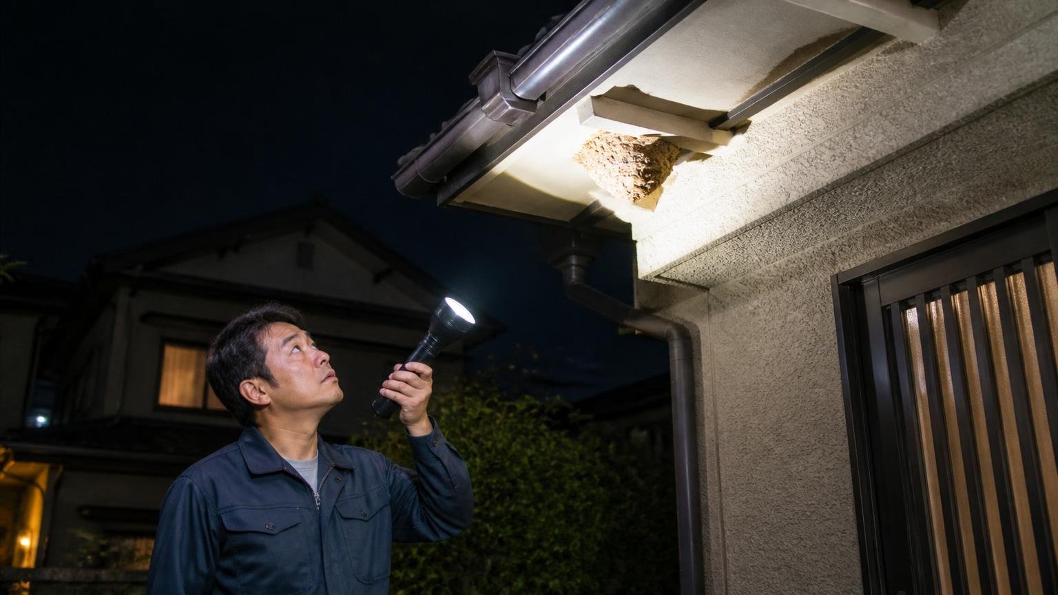 においで飛び去るのと巣を捨てるのは別の話。夜の住宅の軒下を男性1人が懐中電灯で照らし見上げる