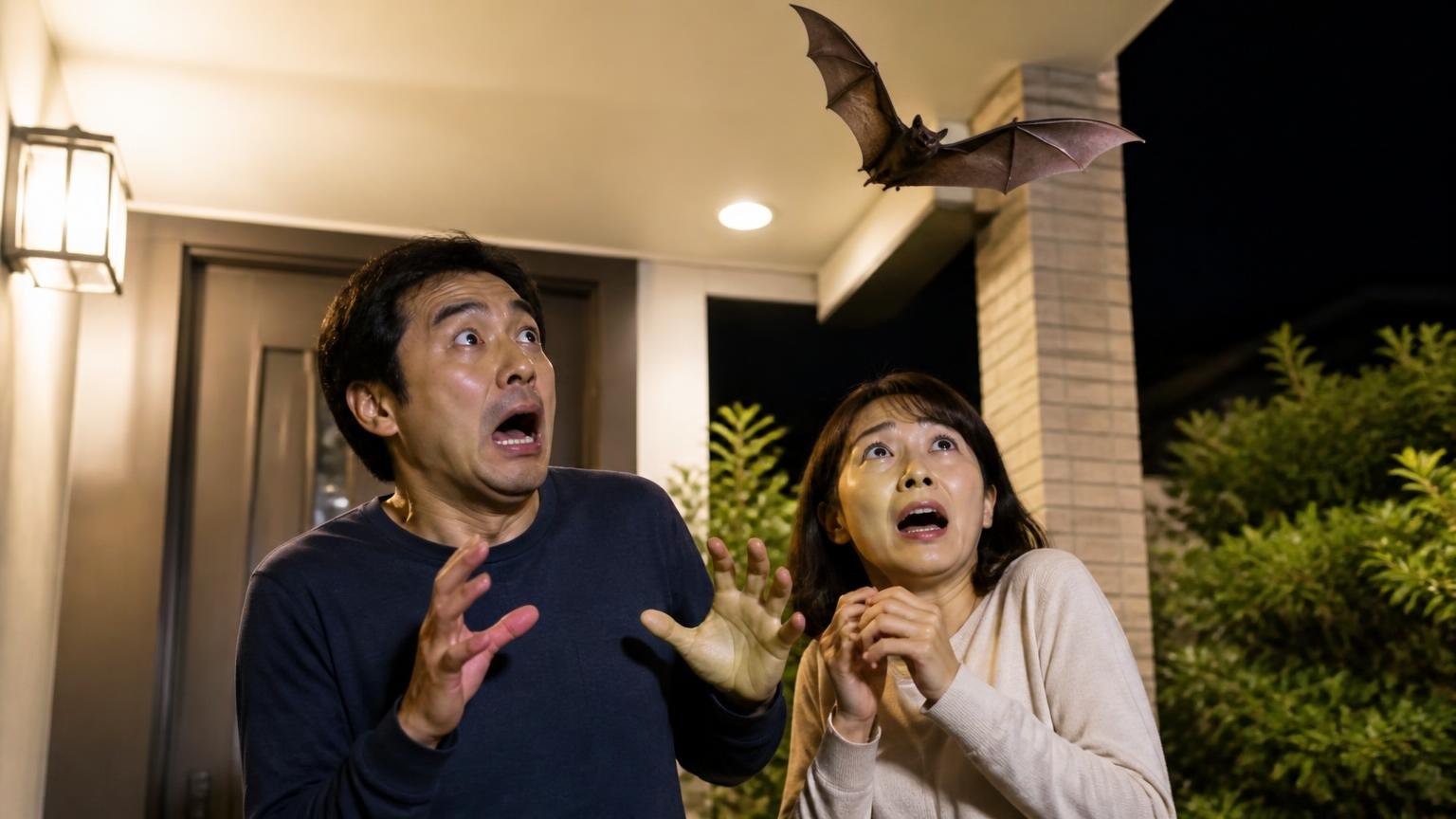 暴れて逃げた=効いたではない|夜の玄関の軒下で男女2人が飛び去るコウモリを見上げ驚く