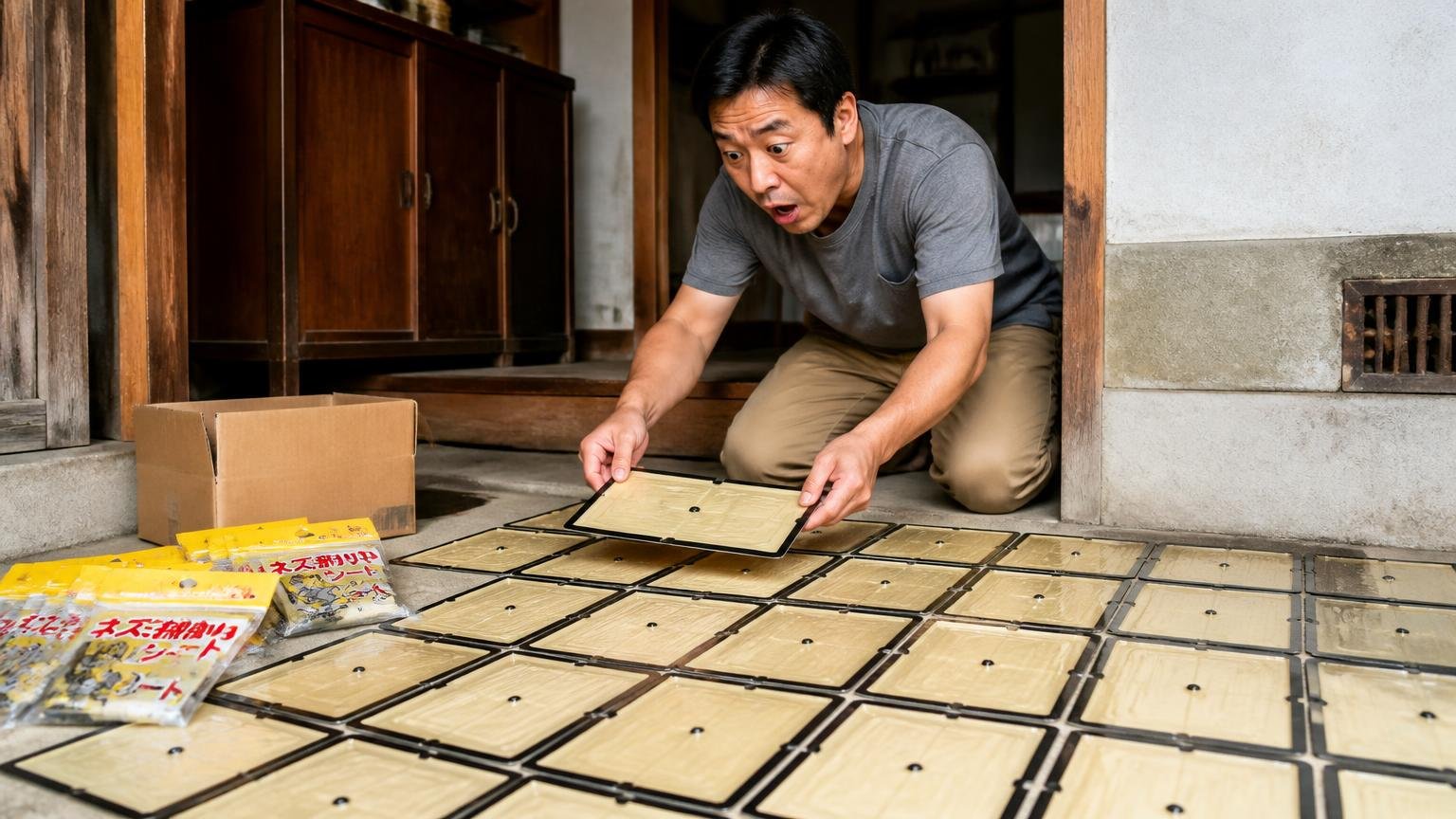 ダイソーのネズミ対策グッズの安さ 空き家の玄関土間 男性1人 粘着シートを何枚も並べて広げる