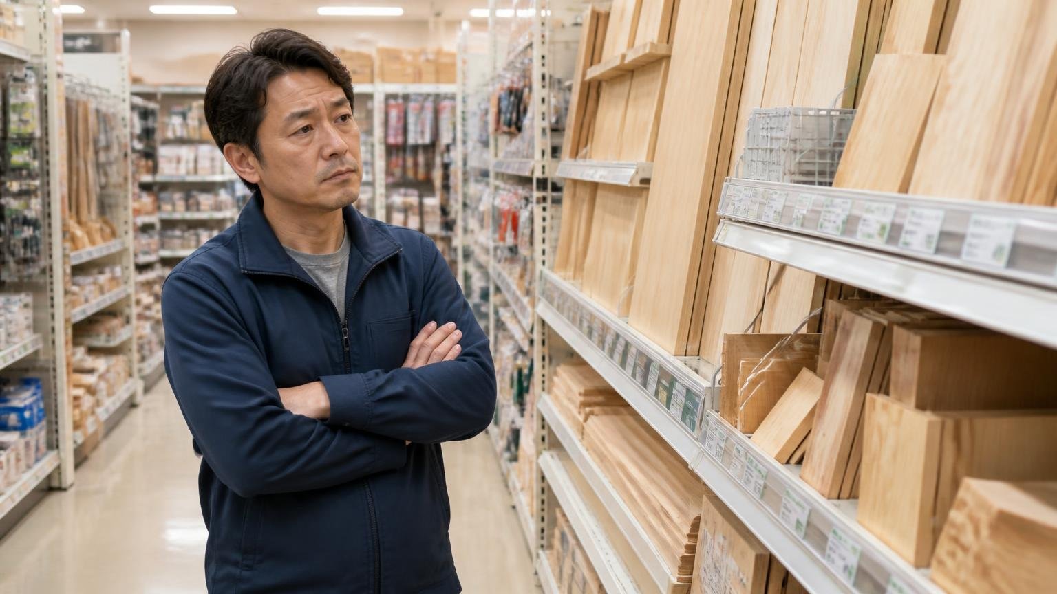 買い足しではなく切り分けが先 ホームセンターの売り場 男性1人 商品棚の前で腕組み