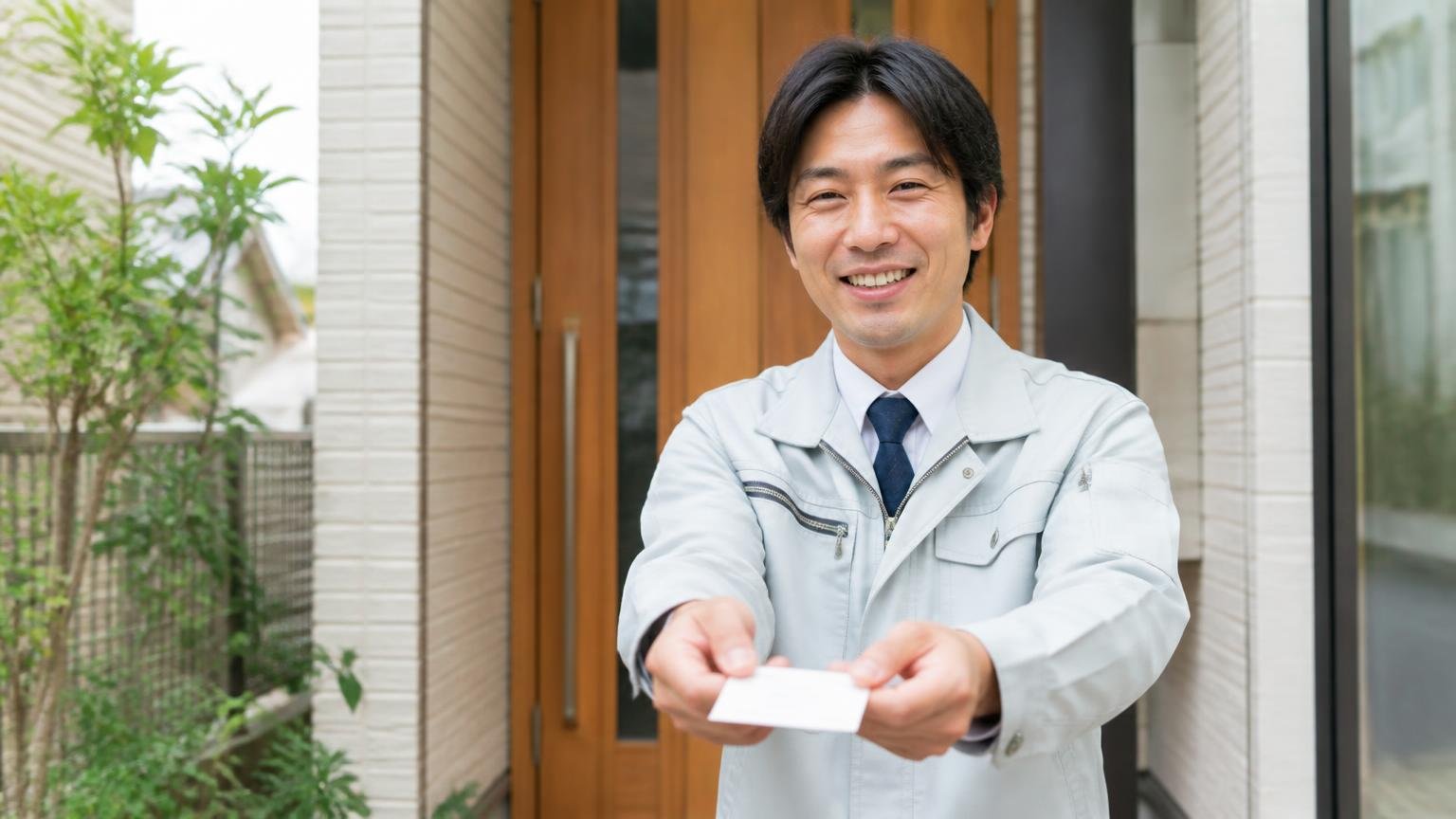AAAホームサービスはどんな会社なのか。住宅の玄関前で名刺を差し出す作業着姿の男性スタッフ1人