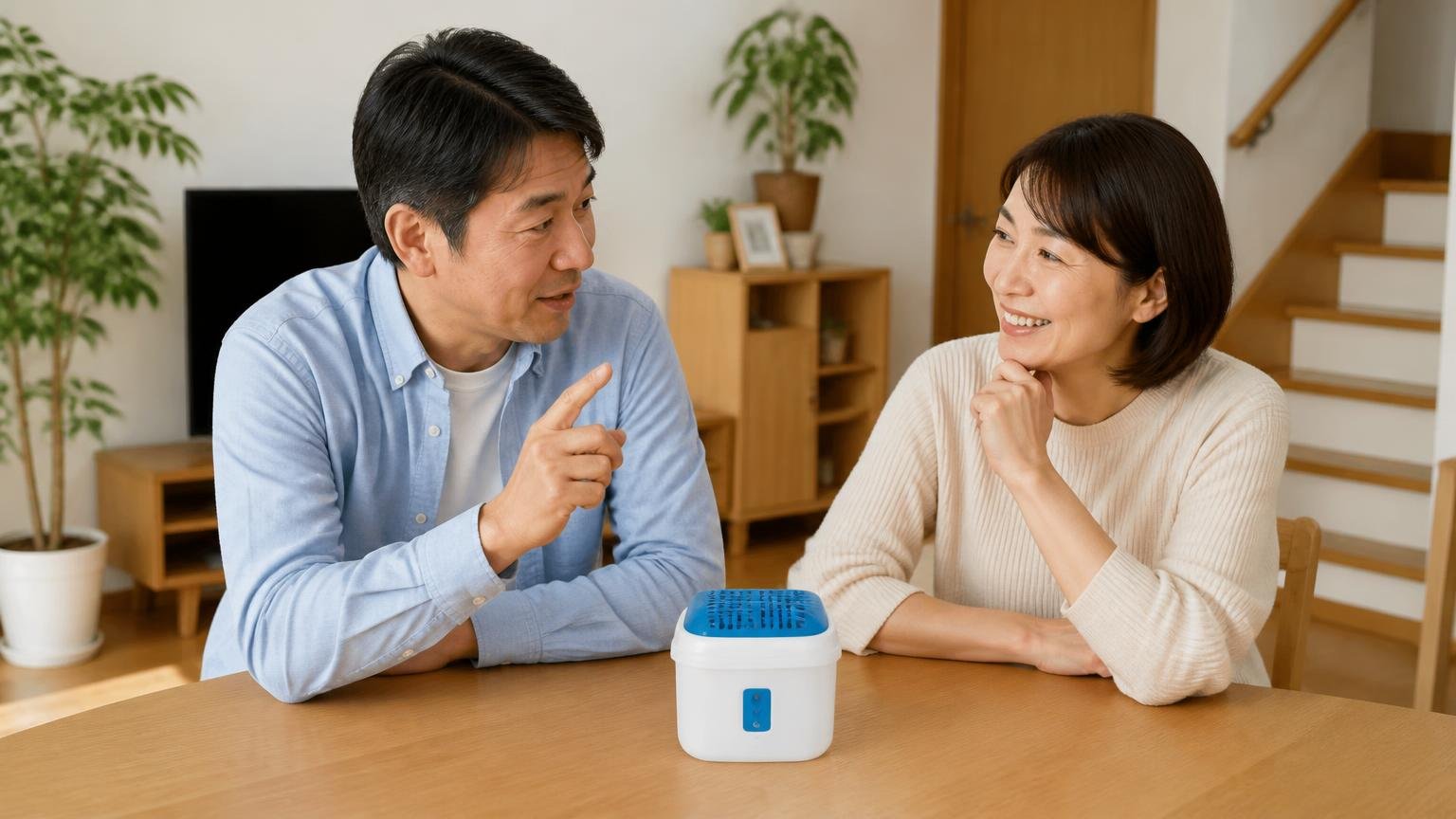 部屋で使えることと意味があることは別だと理解する場面 木造戸建てのリビングで家族2人が忌避剤を前に話し合う 納得した表情