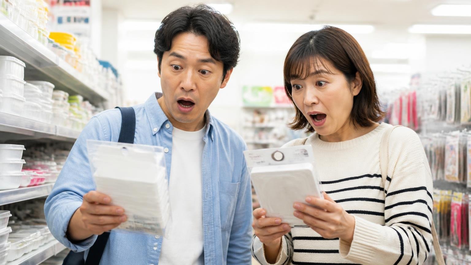 口コミで混同しがちな点。100円ショップの売り場で男女2人が商品棚を見比べ驚く表情