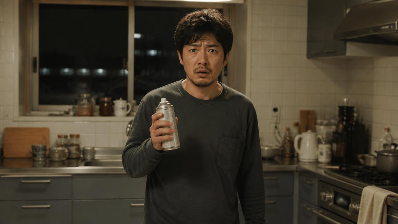 スプレーに手を伸ばしたあなたは間違っていない。夜の台所でスプレー缶を握ったまま立ち尽くす30代男性