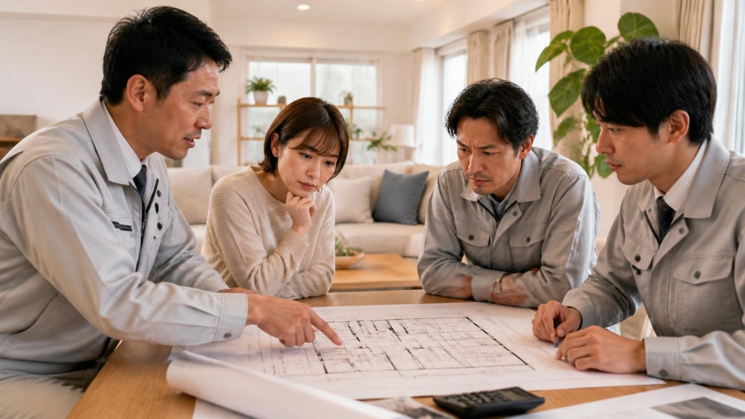 絞り込むのはあなた確定させるのはプロ リビングで作業員と打ち合わせ 住人と調査員2人 図面を指さして説明