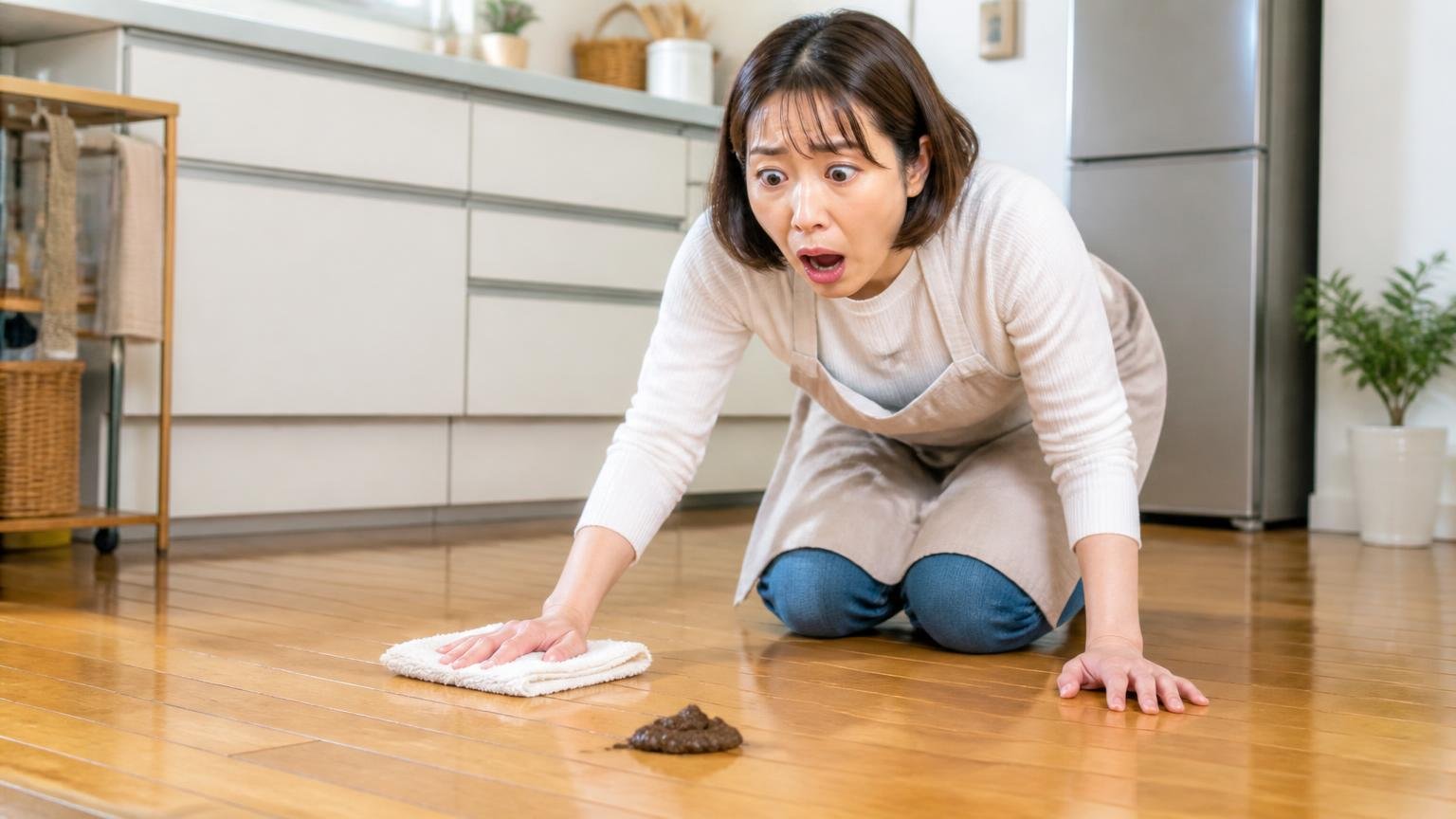 他のふんを気づかず処理していた|住宅のキッチンで床を雑巾がけしながらハッとする表情の女性1人