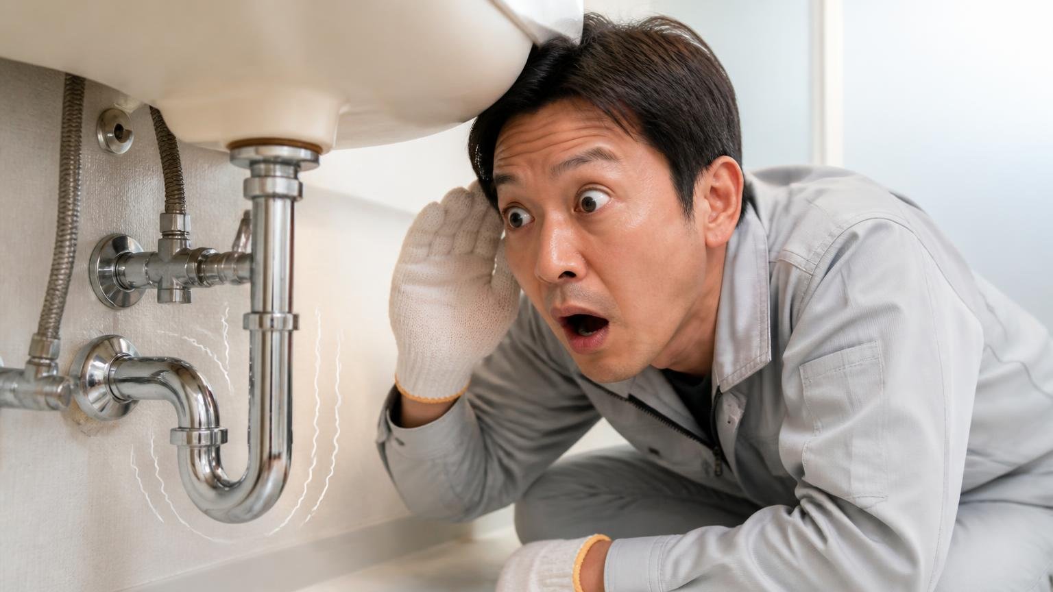水道管が振動して鳴る音|洗面所の配管前で作業員1人が耳を近づけ、はっとした表情
