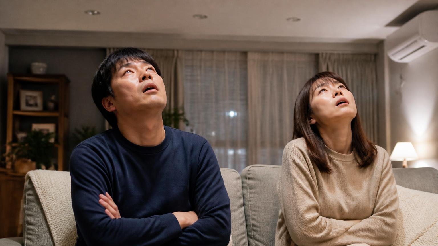 置いた直後に静かにならない理由、夜のリビングで夫婦2人が天井を見上げて肩を落としため息をつく