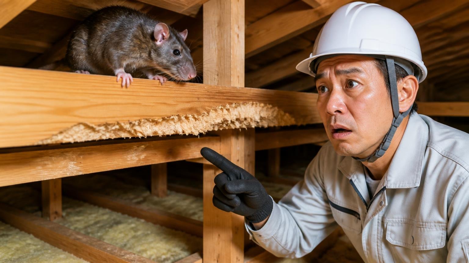 歯が伸び続けるのでかじる相手が必要 木造戸建ての天井裏 作業員1人がかじられた木材を指さし説明