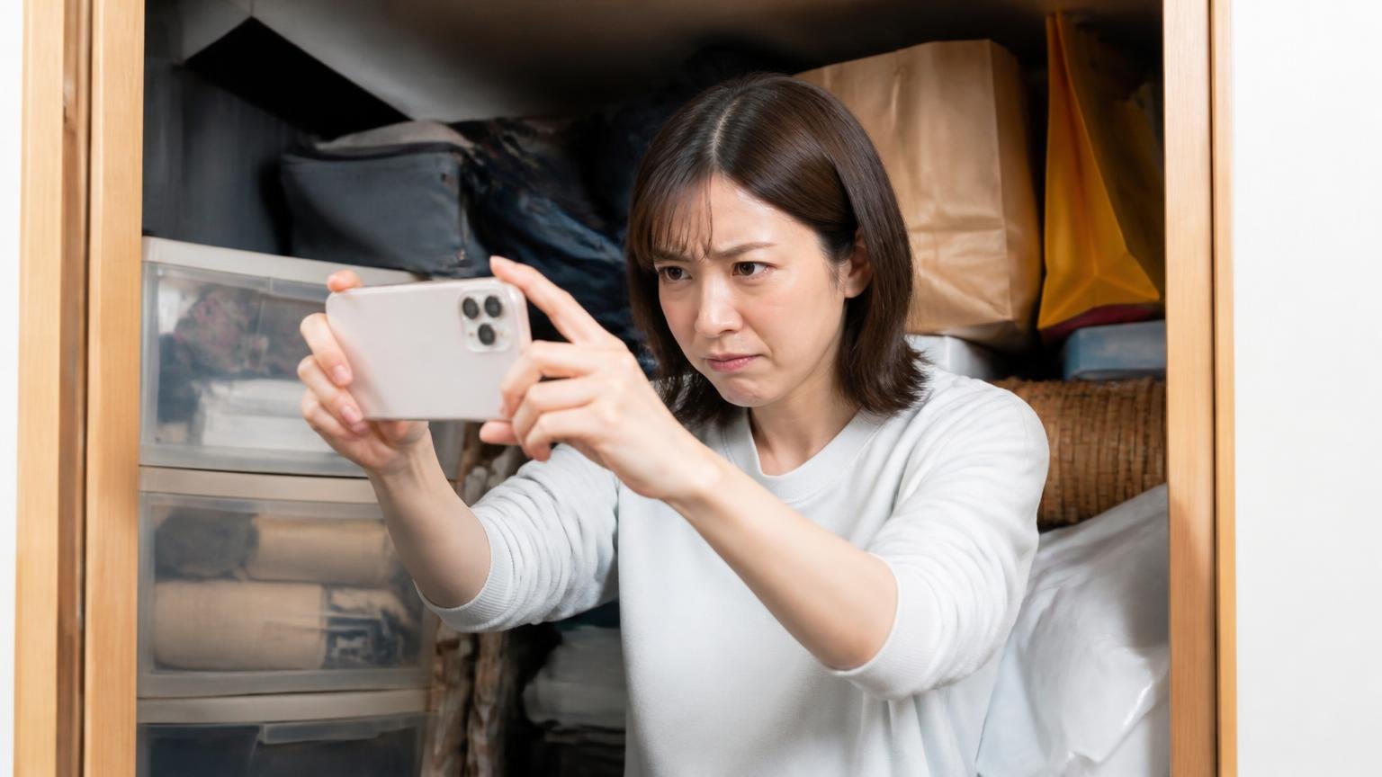 片づける前にスマホで写真を撮る。押し入れの中を女性1人がスマホで撮影し険しい表情