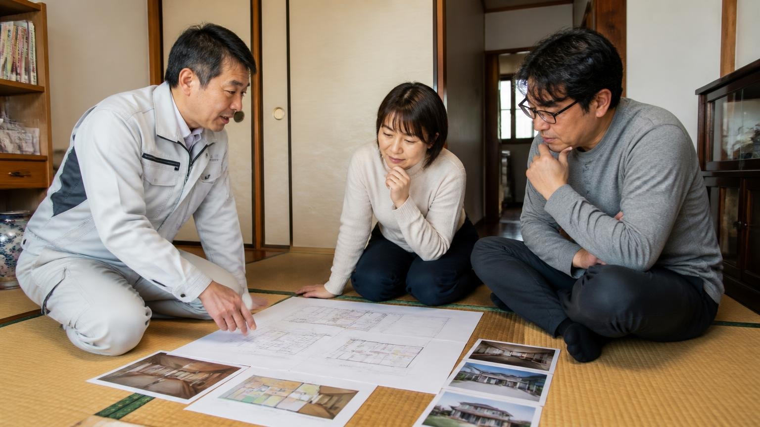 良し悪しでなく相性で判断する。築古戸建ての和室で夫婦2人と作業着の男性が資料を囲み話し合う