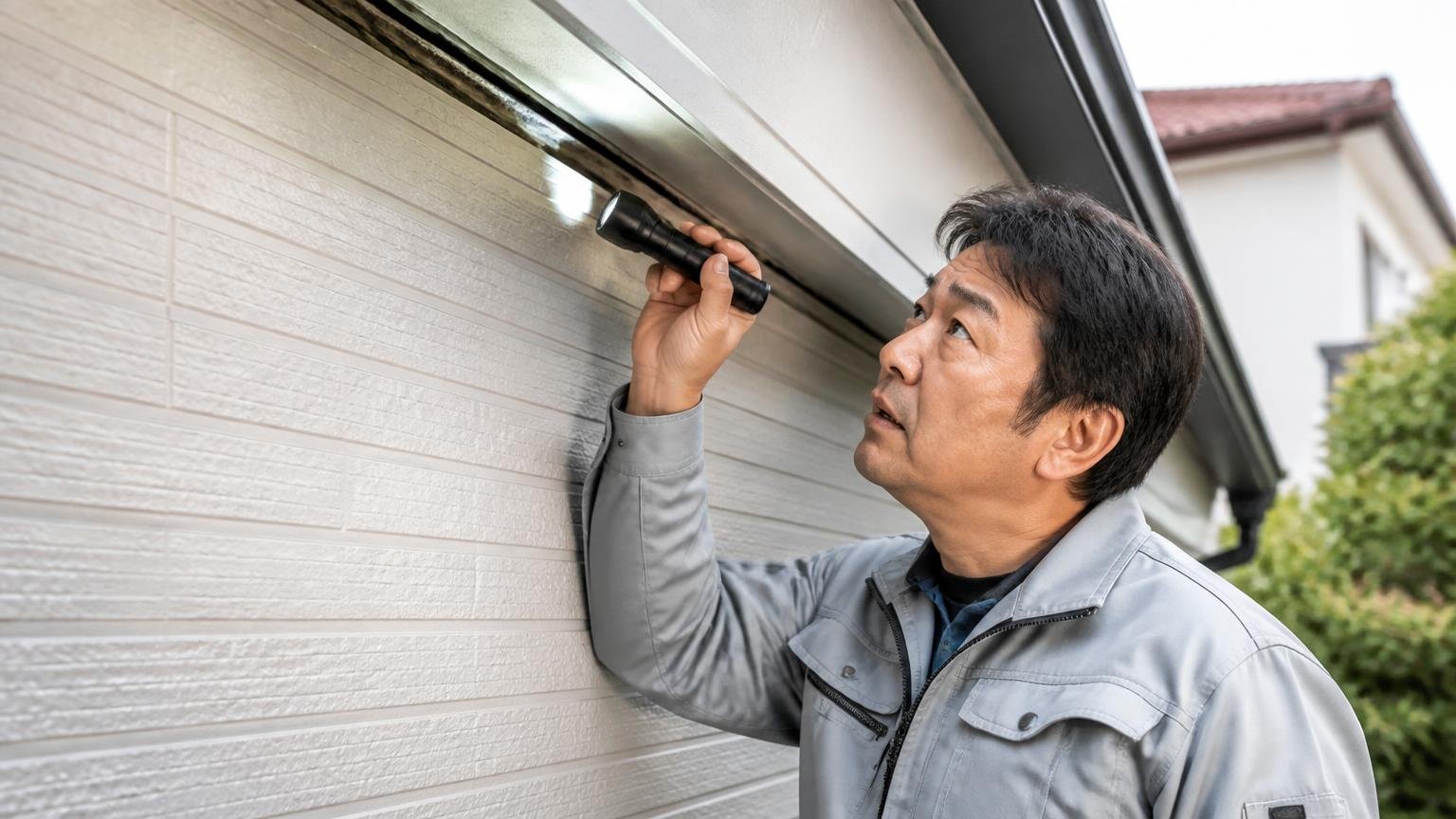 屋外なら有効・屋内には力不足|住宅の外壁まわりで50代男性が軒下のすき間を懐中電灯で照らして確認する