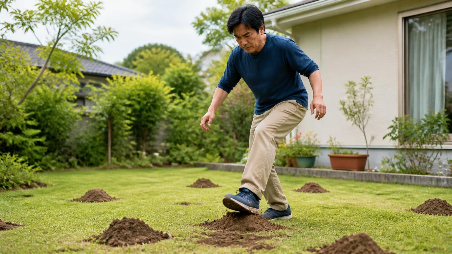 モグラの浅い穴は使い捨てで本道は地中深くにある|芝生の庭でモグラ塚を足でならす住人1人が真剣な表情