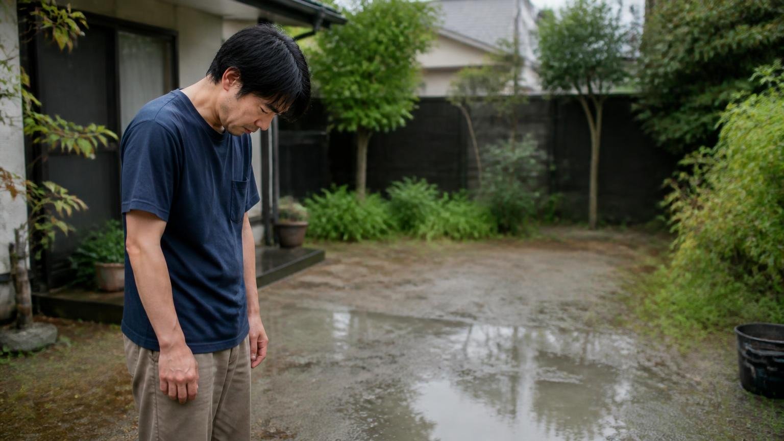 ただし匂いが続くのは「数日〜1週間」という現実 雨上がりの庭で男性1人が濡れた地面を見て肩を落とす