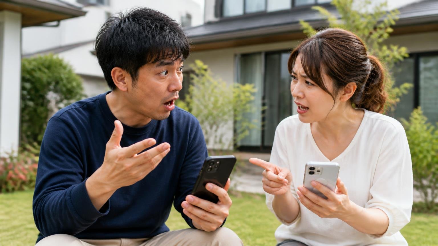 効いた効かなかった実際の声は真っ二つ、住宅の庭で男女2人がスマホを見ながら意見を交わす