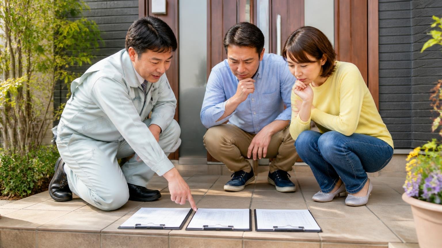業者を見極める3つの物差し|住宅の玄関前で見積書3枚を並べて指さす作業着の男性と住人2人