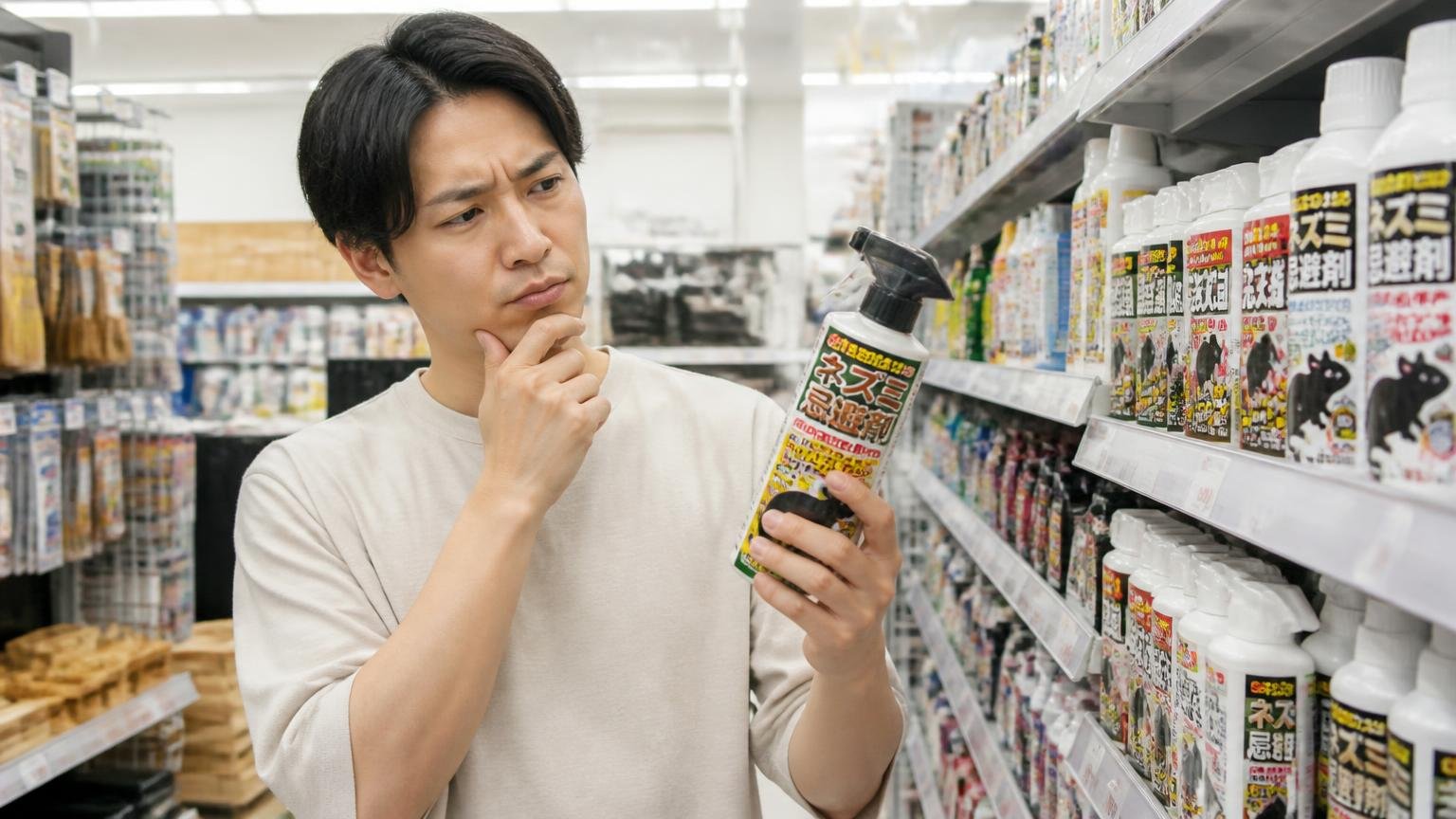 ガリガリ音をネズミと決めつけて遠回りする。ホームセンターの売り場で男性1人が忌避剤を手に悩む
