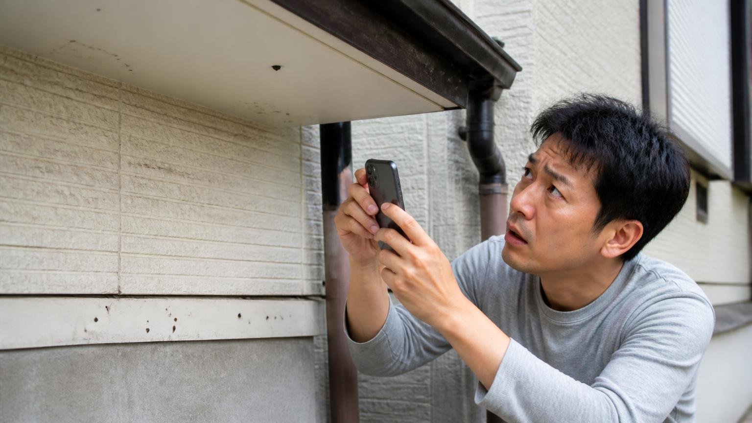 そもそもネズミのふんではない|住宅の外壁と軒下でスマホを構えて落下物を撮影する男性1人