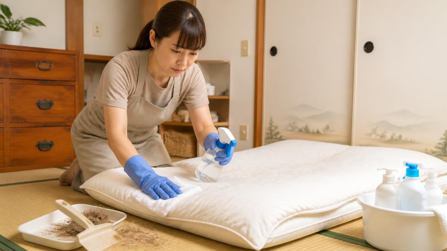 ふんの取り除き方と布団まわりの消毒手順。和室で女性1人が手袋姿で布団を拭く真剣な表情