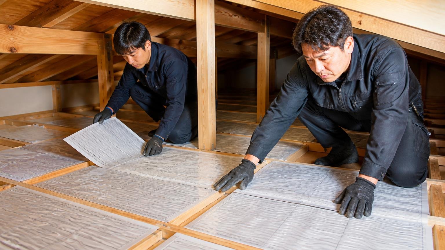 枚数が足りていない。木造戸建ての天井裏に大量の粘着シートを敷き詰める作業員2人が真剣な表情