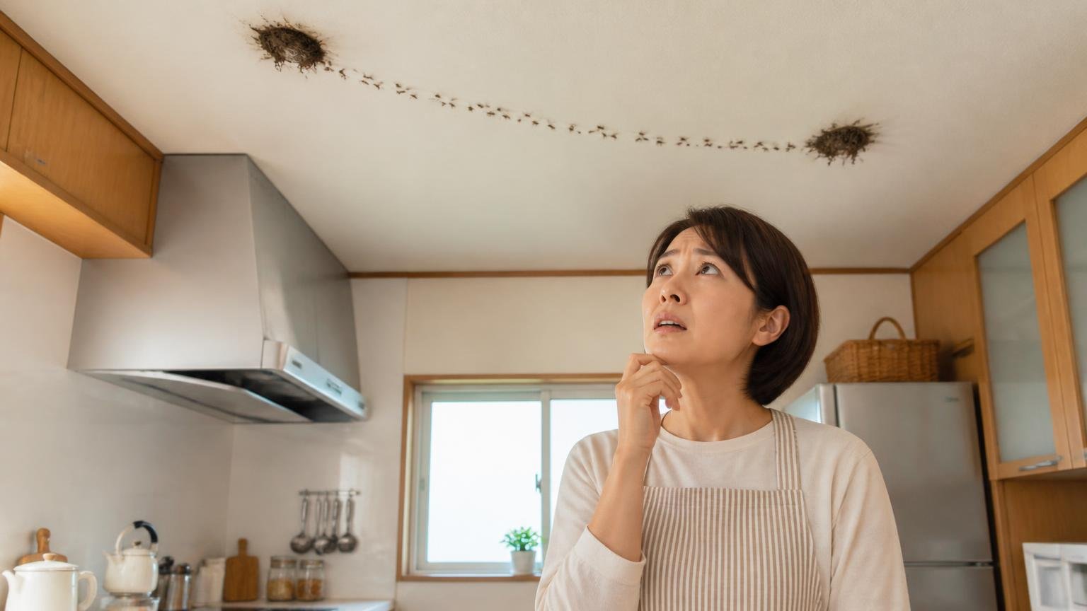 エサ場と巣を最短距離で行き来できる 戸建てのキッチンと天井 主婦1人が天井を見上げて不安な表情